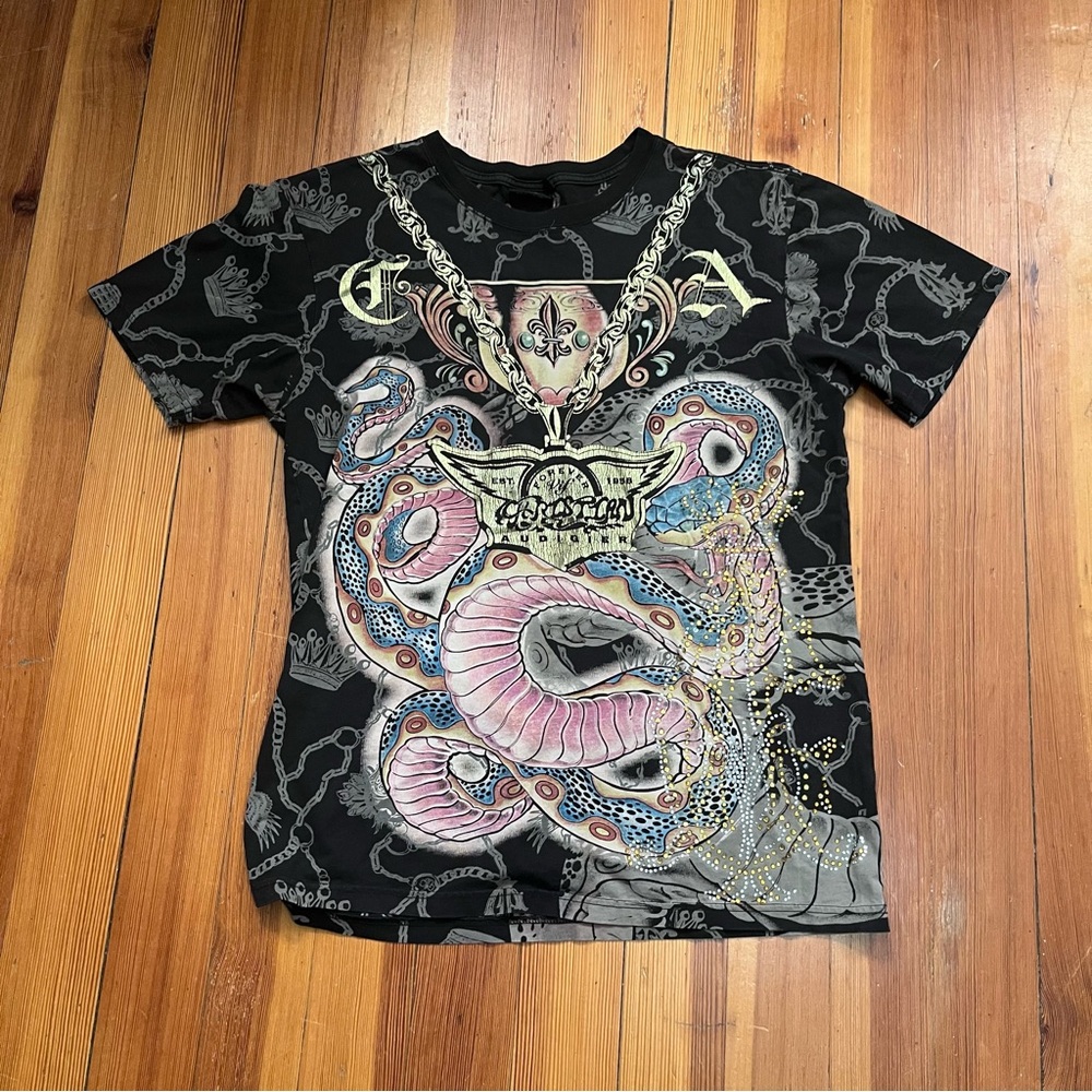 Christian Audigier AOP snake tee with rhinestones